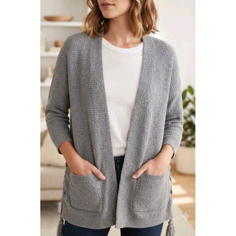 Madewell Gray Open Front Cardigan Sweater Size Large L Side Lace-Up Pockets